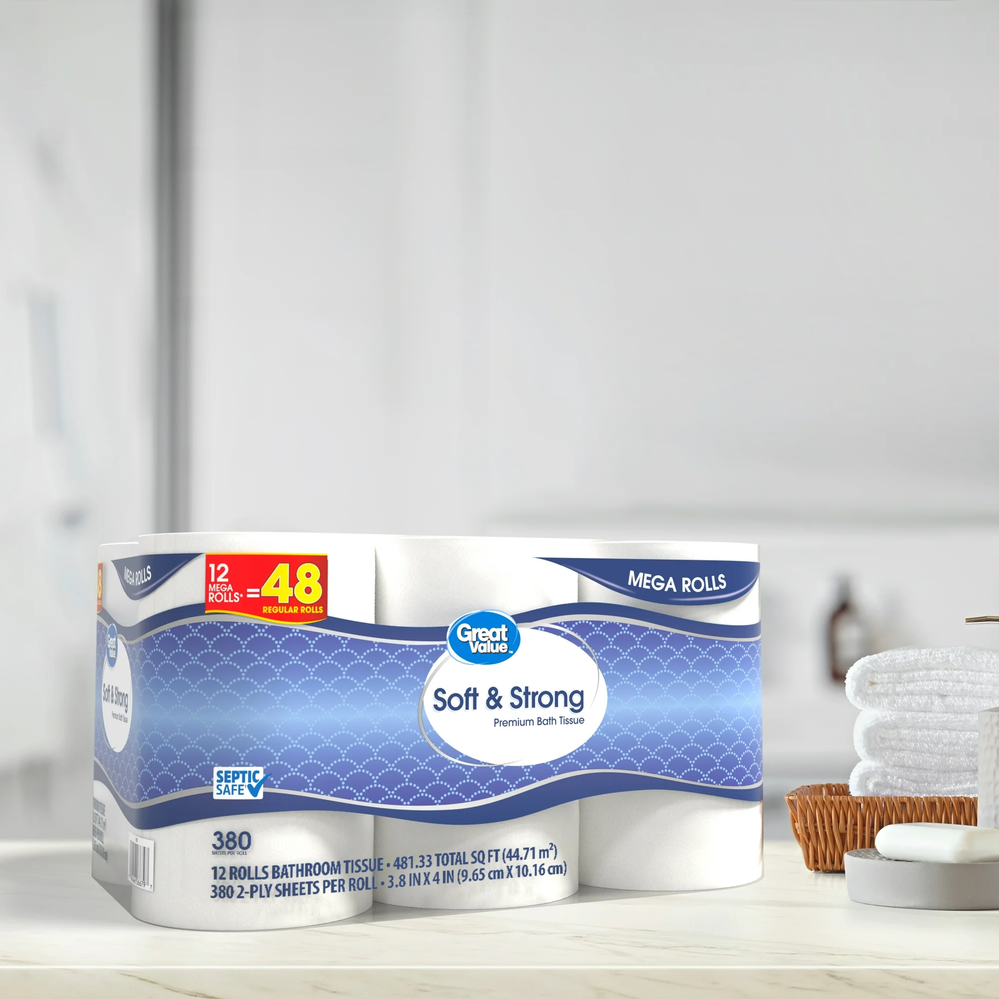 Great Value Soft & Strong Premium Toilet Paper – 2-Ply, 235 Sheets, 12 Mega Rolls - Image 3